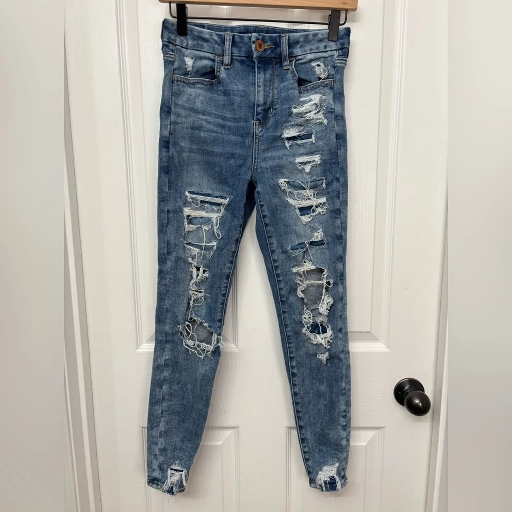 Medium Wash Distressed Hi-Rise Jeggings | American Eagle 2 Short